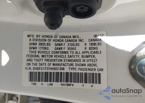 2017 Honda Civic Ex-T from USA, damaged, VIN 2HGFC1F37HH651398